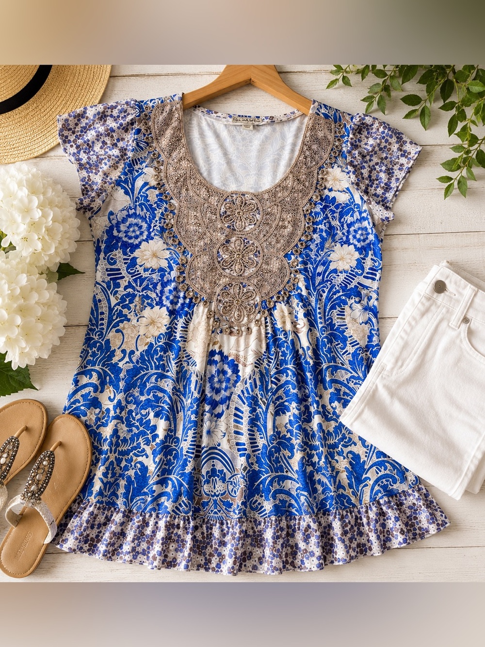 Live and Let Live Embellished Boho Tunic Top- Size Small | Blue Floral
